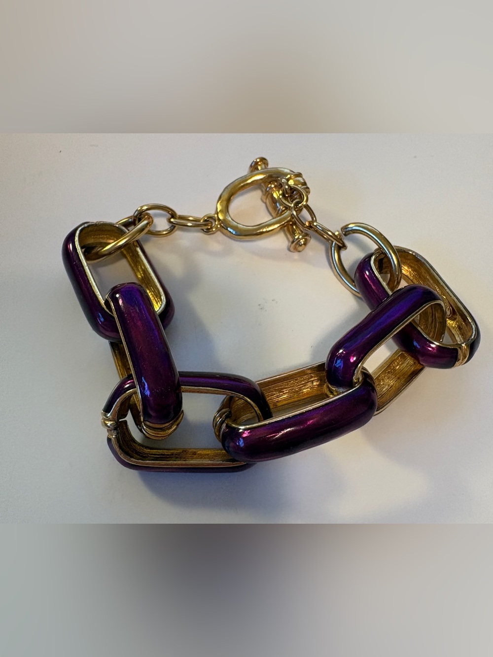 Vintage Kenneth Jay Lane Purple Enamel Chunky Gold Chain Link  Toggle Bracelet